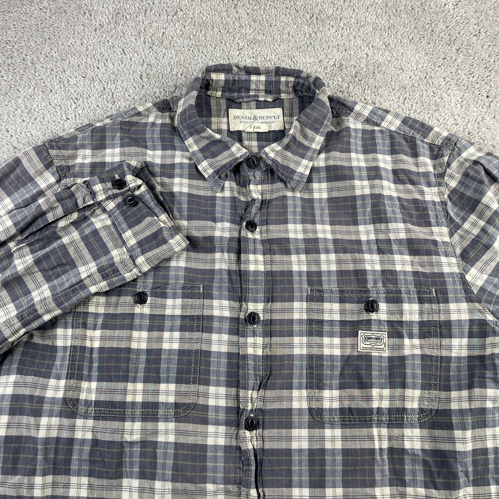 Denim and Supply Ralph Lauren Shirt Mens Large Grey Checkered Cotton Button Up